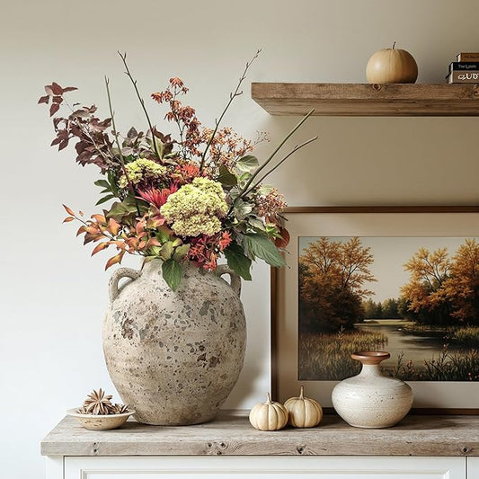 LuxenHome Rustic Antiqued Ceramic Vase, 12'' Tall Round Bouquet Terracotta Vase, Farmhouse Vase for Shelf Dining Table Decor, Vintage Boho Pottery for Living Room Decor, Home Décor Accents