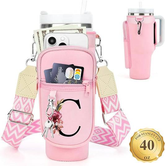 LOKASS Personalized Water Bottle Holder with Strap for Stanley Cup Accessories 40 oz Tumbler, Initial Water Bottle Carrier Bag/Phone Pocket, Mother's Day/Birthday Gifts for Women/Girls
