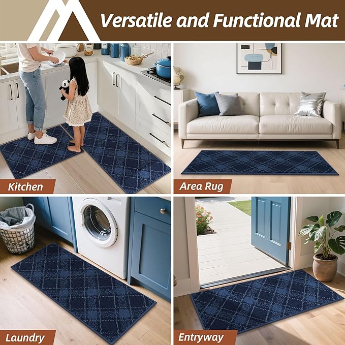 COSY HOMEER Kitchen Rugs and Mats Sets 2PCS Non-Slip Soft Kitchen Mats for Floor Absorbent and Stain Resistant Kitchen Floor Mat Washable Plaid Rugs for Kitchen,20"x32"+20"x48",Navy Blue