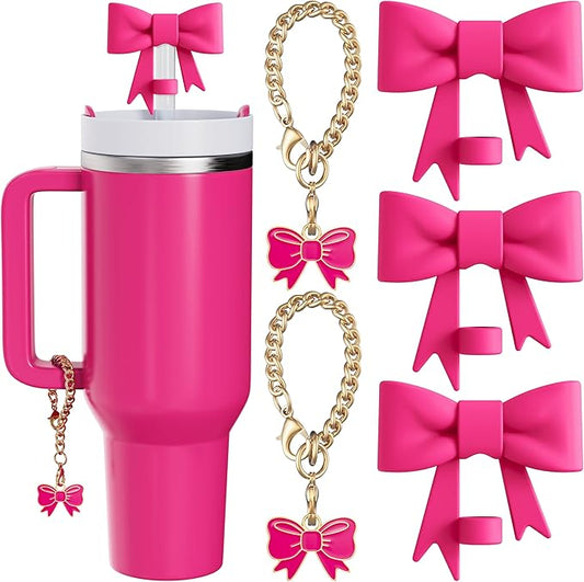 Compatible with Stanley Cup Accessories - 3Pcs 10mm Bow Straw Topper Compatible with Stanley Cup Straw Cover Cap, 2pcs Rose Red Bow Charms for Stanley 30&40 Oz Tumbler with Handle