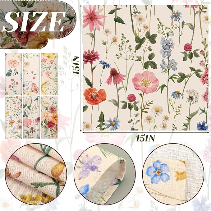 24 Pcs Butterfly and Wild Flowers Cloth Napkins Floral Plants Reusable Napkins French Retro Toile Dinner Soft Absorbent for Summer Holiday Party