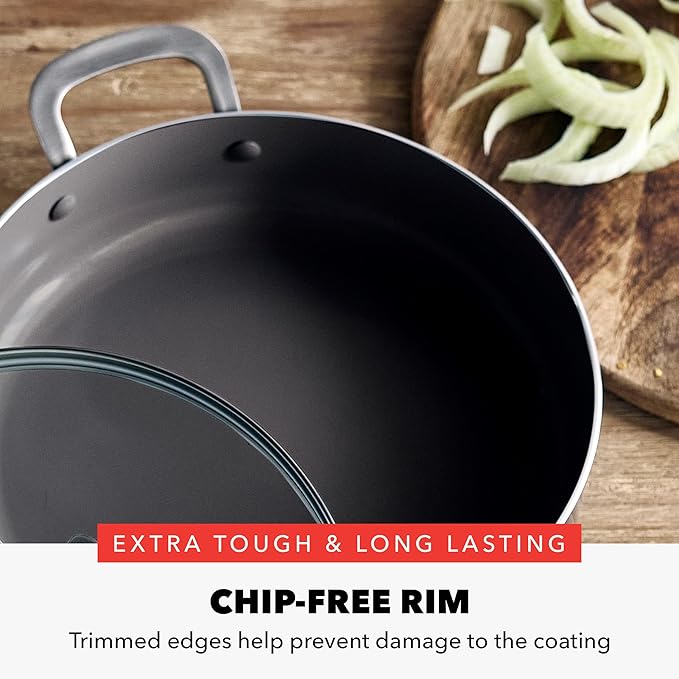 GreenPan x Bobby Flay 4.5QT Nonstick Saute Pan with Glass Lid, PFAS-Free Diamond Ceramic, Induction Suitable, Stay-Cool Silicone Handle, Easy Clean Dishwasher & Oven Safe, Black