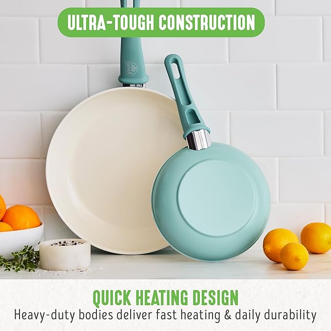 GreenLife Soft Grip Healthy Ceramic Nonstick 7" and 10" Frying Pan Set, Non Toxic PFAS & PFOA-Free, Dishwasher Safe, Egg Omelet Skillet, Cookware for Easy Cooking, Kitchen Essentials, Turquoise