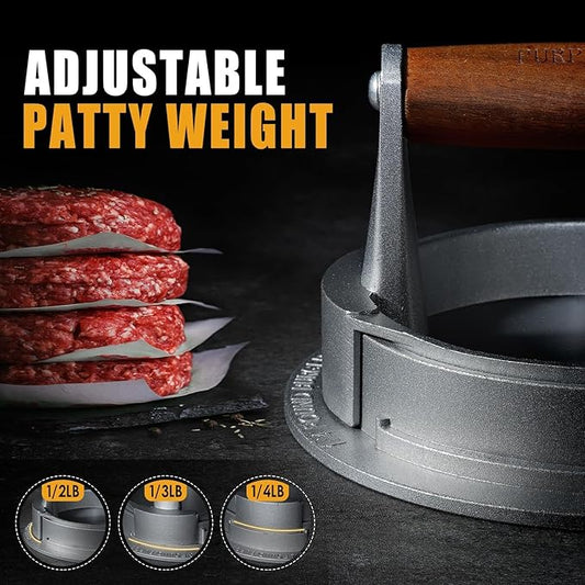 PURPLEBIRD Hamburger Press Patty Maker, Adjustable Burger Sharpener Mold, 1/2 lb, 1/3 lb, 1/4 LB, Stuffed Hamburger Ring Mold, Cast Aluminum Slider Sausage 3 in 1 Patty Maker, for Men