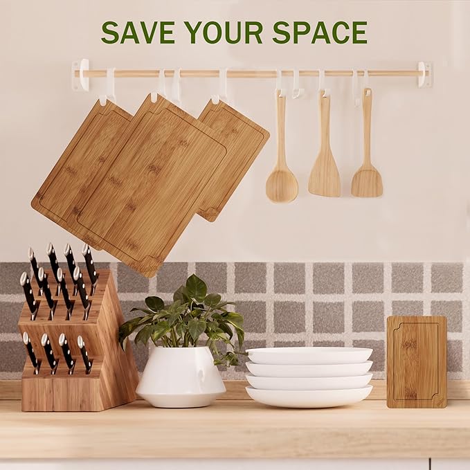Bamboo Cutting Boards for Kitchen, Wood Cutting Board Set with Juice Grooves & Built-in Handles, Easy Storage & Clean Chopping Board for Meat, Vegetables, Fruit(4 Pcs)