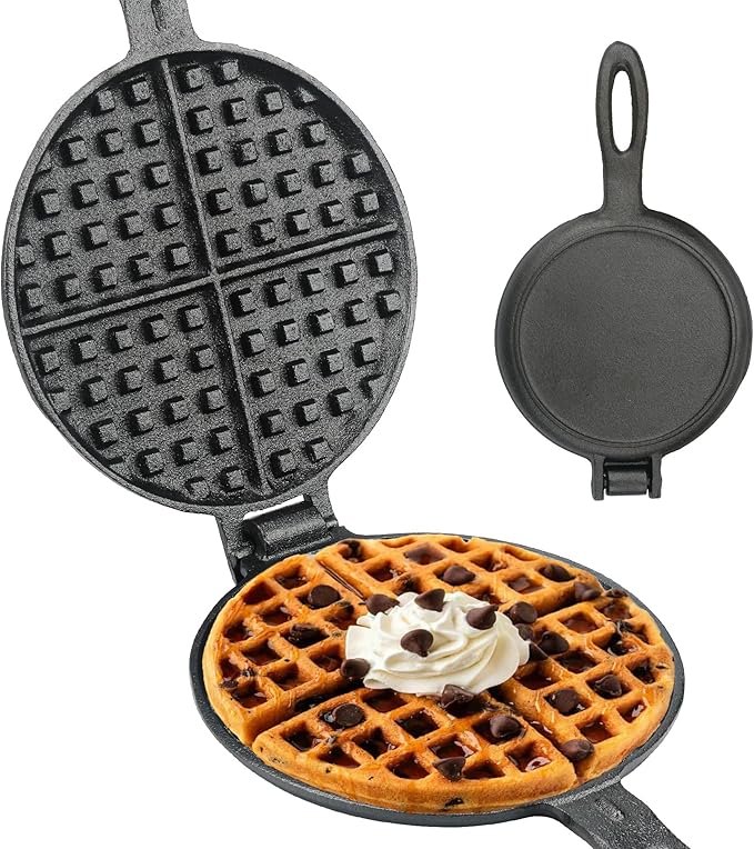 Cast Iron Waffle Maker for Stovetop or Camping Grill Two Piece Hinged Non Electric Waffle Iron Makes 7" Round Waffles