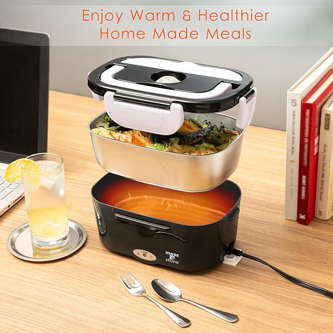 Moss & Stone Electric Lunch Box Food Heater for Adults Black & White Food Warmer Lunch Box, 12/24/110v Lunch Box Warmer Portable For Work/Car/Truck, Fork & Spoon & 1.5L Removable S.S Container