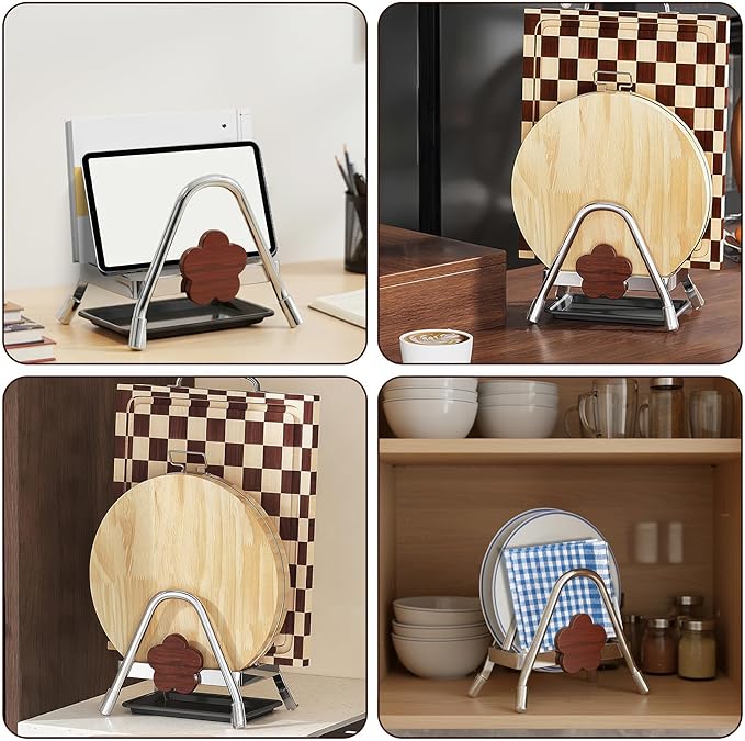 Cutting Board Rack - Double Layer Stainless Steel Chopping Board Pot Lid Holder Stand with Drain Tray, Stable Triangle for Kitchen Countertop Pan Plate Cutting Boards Cooking Mats Cookware