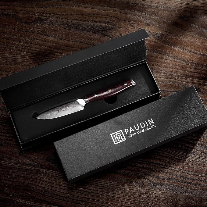 PAUDIN 3.5 Inch Paring Knife, Damascus Stainless Steel Blade Full Tang G10 Handle, Sharp VG10 Steel Fruit Knife and Vegetable Peeling Knife