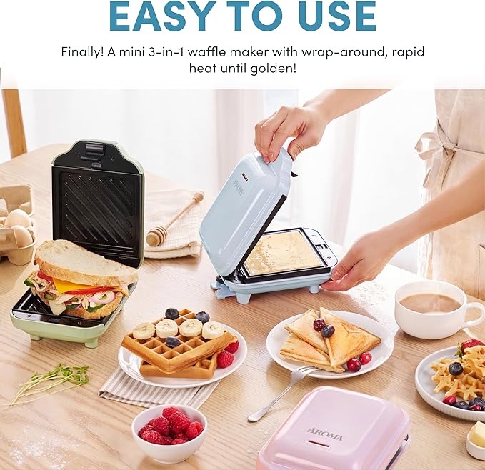 AROMA® 3-in-1 Panini Press, Sandwich Grill, and Waffle Maker with Removable Ceramic Coated Plates