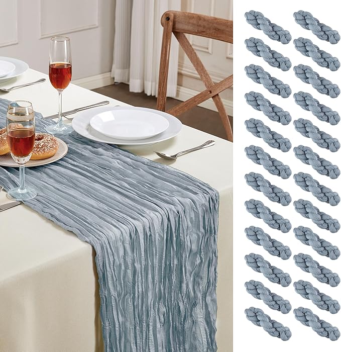 24 Pack Dusty Blue Cheesecloth Table Runner 10FT Long Boho Gauze Table Runner Rustic Sheer Runner for Wedding Bridal Baby Shower Birthday Party Table Decor Home Easter Thanksgiving Decorations