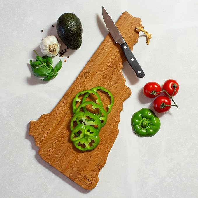 Totally Bamboo New Hampshire State Shaped Cutting Board and Charcuterie Serving Platter with Artwork by Summer Stokes, Includes Hang Tie for Wall Display