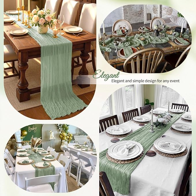 4 Pack Sage Green Cheesecloth Table Runner 10Ft, Gauze Table Runners 21.5 x 120 inch,Semi Sheer Cheese Cloth Fabric Runner Bulk for Wedding,Party,Baby Shower,Bridal Shower