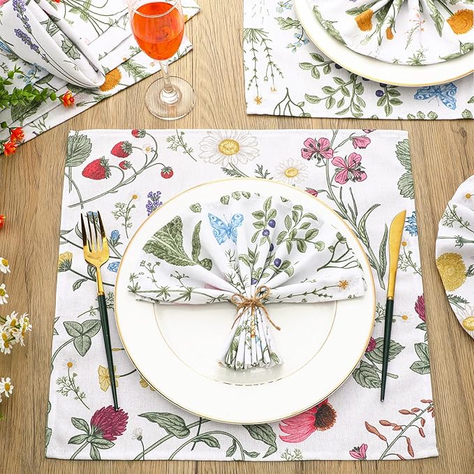 36 Pcs Herbs and Wild Flowers Cloth Napkins Floral Plants Reusable Napkins Country French Toile Dinner Soft Absorbent for Summer Holiday Party