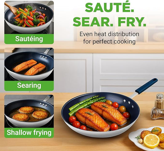 NutriChef 10 Inch Non Stick Ceramic Coated Frying Pan, Aluminum Frying Pan with Silicone Handle, Stain-Resistant, PFOA Free – Compatible with Gas, Electric, Induction, and Ceramic Cooktops