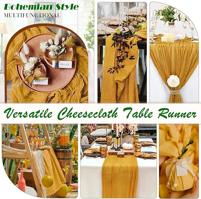 Mustard Yellow Cheesecloth Table Runner 6 Pack 35" Boho Gauze Runner 120 inches Long Table Runner Rustic Sheer Fabric Bulk for Baby Shower Wedding Bridal Birthday Party Table Decorations