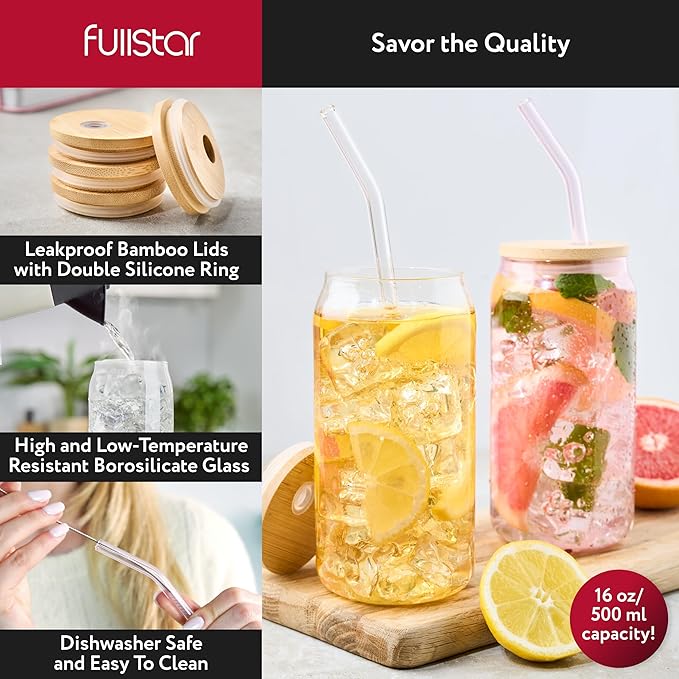 fullstar Glass Tumblers with Lids and Straws – Reusable Iced Coffee Cups with Bamboo Lids (Multicolor, 8 Pack)