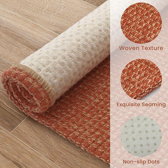 EARTHALL Woven Runner Rug 2x10 Ft Washable Runners for Hallways Long Cotton Non Slip Rubber Backed Kitchen Runner Braided Indoor Floor Carpet for Entryway, Hallway, Kitchen, Rustic Orange/Tan