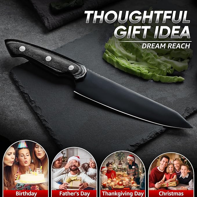 Dream Reach Kiritsuke Chef Knife - High Carbon Steel Sharp Kitchen Knife with Full Tang Handle, Hand Forged Black Cooking Knives for Birthday Mother Father Gift