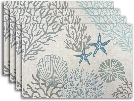 Coastal Placemats Starfish Beach Theme Ocean Seashell WashableTablemats Resistant Place Mats Kitchen Decor Dining Decoration for Party, Nautical Placemats Set of 4-13