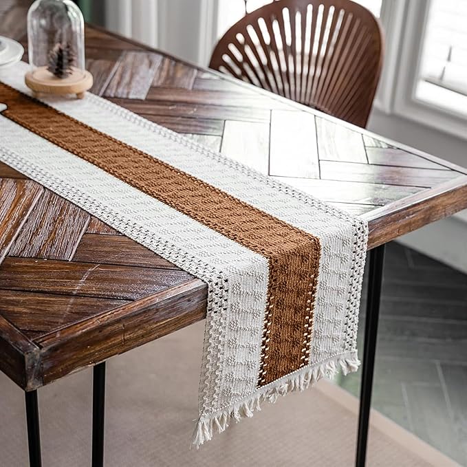 Alynsehom Macrame Table Runner Cream Beige and Caramel Boho Table Runners with Tassels Hand Woven Cotton Table Runner Rustic Farmhouse Table Runners for Bohemian Kitchen Dining Table(12x48in)