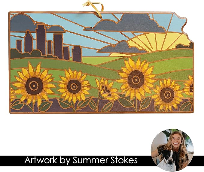 Totally Bamboo Kansas State Shaped Cutting Board and Charcuterie Serving Platter with Artwork by Summer Stokes, Includes Hang Tie for Wall Display