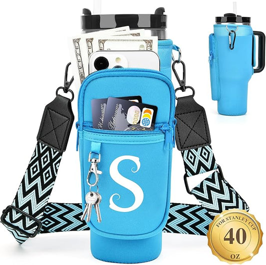 LOKASS Personalized Water Bottle Holder with Strap for Stanley Cup Accessories 40 oz Tumbler, Initial Water Bottle Carrier Bag/Phone Pocket, Mother's Day/Birthday Gifts for Women/Girls
