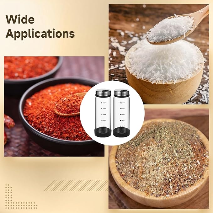 2 Pcs Salt and Pepper Shakers, 350ml Glass Spice Bottles with Adjustable Pour Holes, Spice Dispensers with Non-Slip Silicone Bases, Seasoning Jars with Rotating Steel Lids for Kitchen