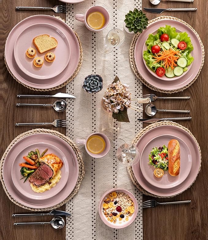AmorArc Ceramic Dinner Plates Set of 6,10.5 Inch Stoneware Plates Set for Dinner, Elegant Dish Set with Rustic Terracotta Underside,Microwave & Dishwasher Safe-Cloud Pink