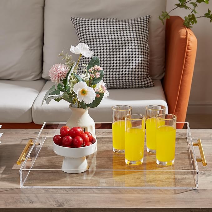 Extra Large Clear Acrylic Serving Tray (21×21 Inches) with Gold Handles Spill Proof Acrylic Over Size Big Decorative Tray Organiser for Ottoman Coffee Table Countertop