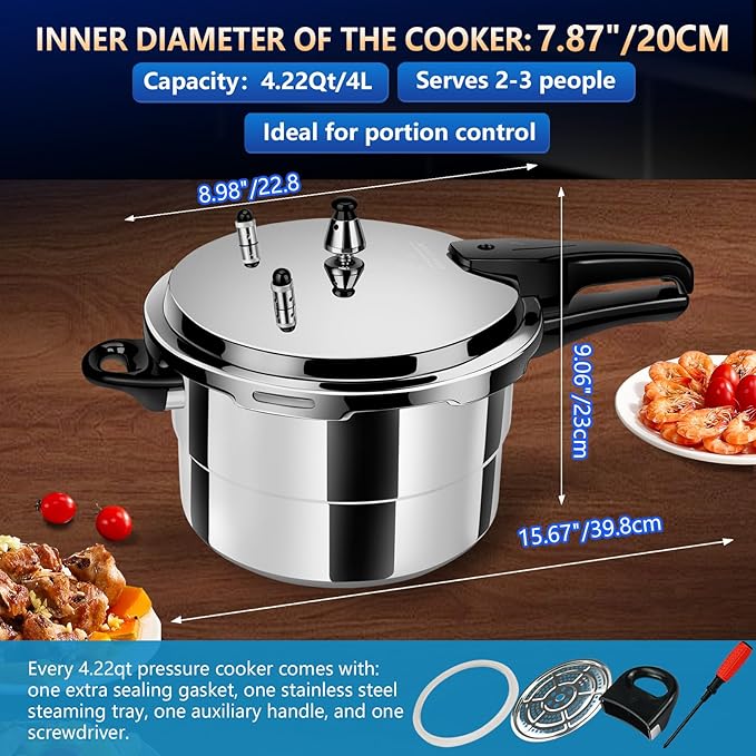 4.22 Quart Aluminum Pressure Cooker, Deeluban All Stovetops Induction Compatible Thickened Pressure Cooker with Spring ollas de presión para cocinar 4+qt