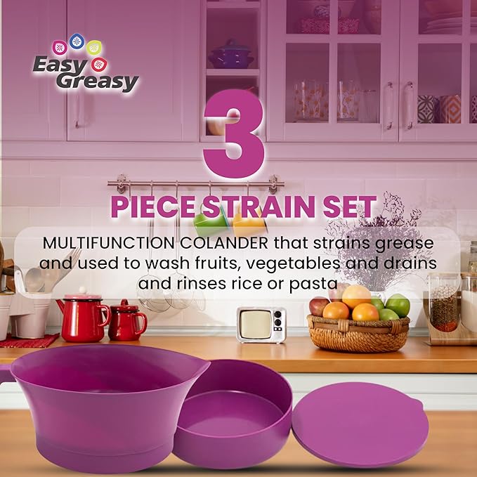 Colander Grease Strainer With Handle And Container, Catch Bowl With Lid 3 Piece Strain Set | Strains Ground Beef, Bacon & Pasta | Safe Kitchen Gadget BPA Free | Made In The USA (Purple)