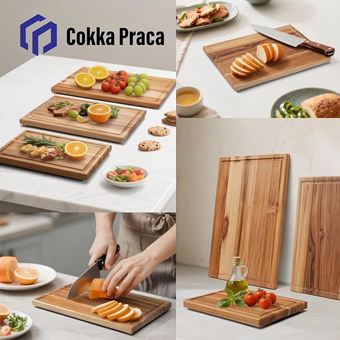 Cokka Praca Teak Cutting Board Set with Stand | 3 Pcs Durable Wooden Cutting Boards for Kitchen | Splinter-Free & No Cracking Design | Non-Slip Wood Cutting Boards with Deep Juice Groove