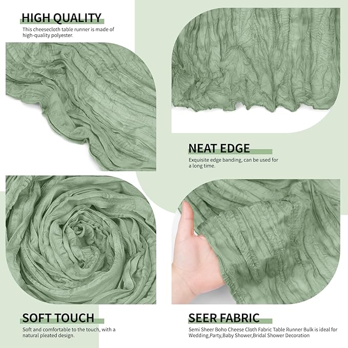 4 Pack Sage Green Cheesecloth Table Runner 10Ft, Gauze Table Runners 21.5 x 120 inch,Semi Sheer Cheese Cloth Fabric Runner Bulk for Wedding,Party,Baby Shower,Bridal Shower