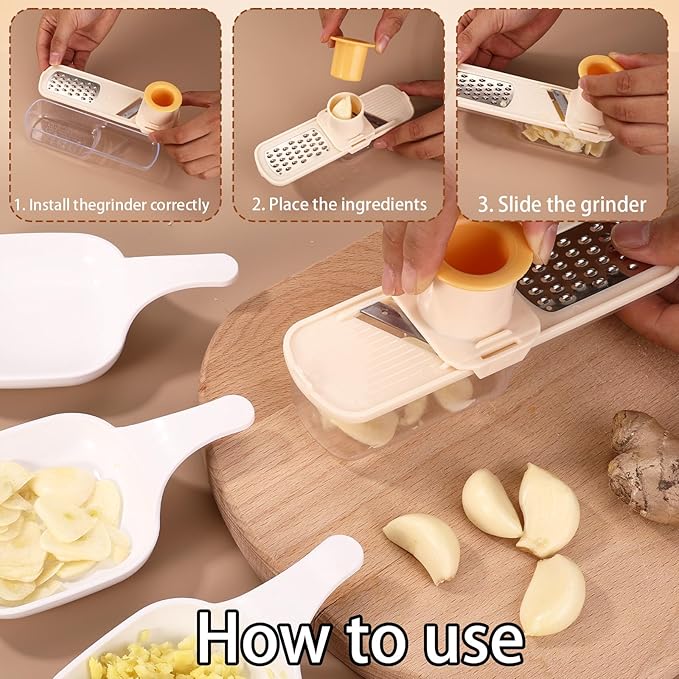 Mini Garlic Slicer, 3-in-1 Multi Function Mandoline Slicer with Container for Grinding Grating and Mincer Slicing Garlic Ginger Vegetable Practical Home Kitchen Appliances Essentials Tool(White)