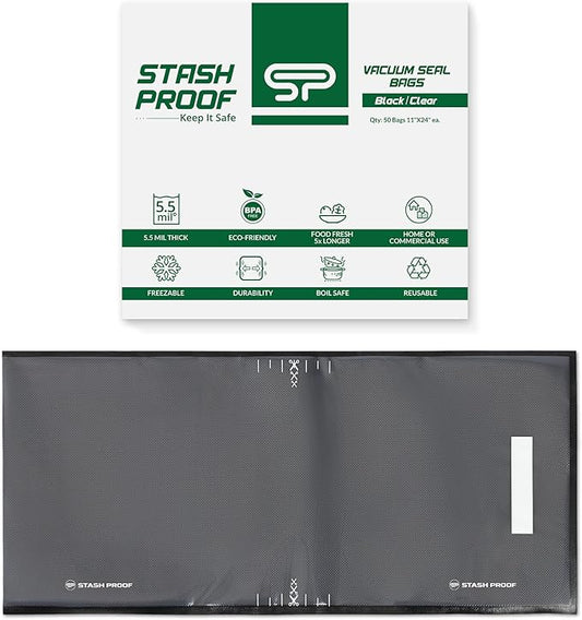 Vacuum Seal Bags 11" x 24" (50 Count) 5.5 Mil, Black and Clear- BPA Free Commerical Grade Food Saver for Storage, Sous Vide, and Meal Prep Sealer Bag