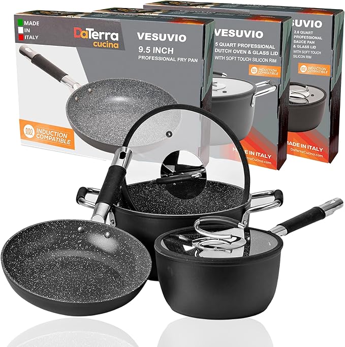 DaTerra Cucina Nonstick Small Pasta Bundle – 2.6 Qt Saucepan with Lid, 9.5" Frying Pan, 5 Qt Dutch Oven with Lid – Induction Compatible, Oven Safe, Ceramic Nonstick, PTFE & PFOA Free – Made in Italy