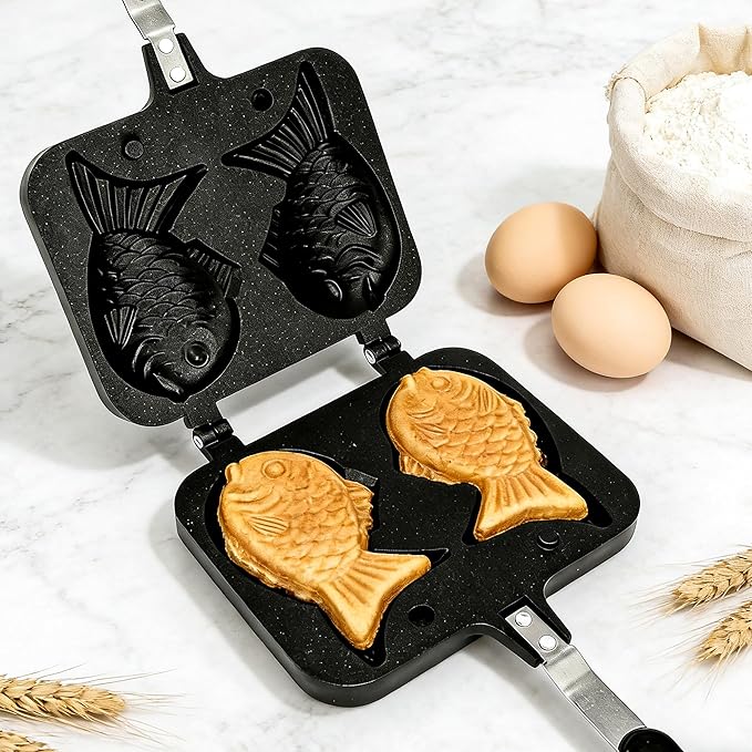Taiyaki Fish Shape Cake Pan,Non-stick Double Waffle Cake Maker with Long Handle and Oil brush,for Dessert,Dorayaki,Red Bean Pie,mini Cheese Cake