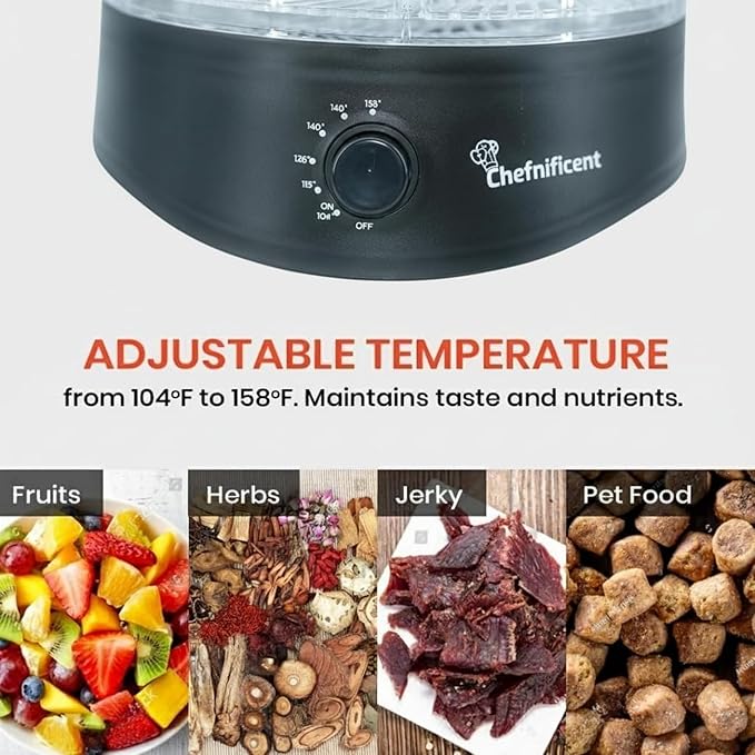 Food Dehydrator DryMax 280 – 5 Tray Adjustable, BPA-Free – 4-Hour Quick Drying, Even Heat, Easy Temp Control – Fruit, Veggie, Meat Jerky Maker (Black)