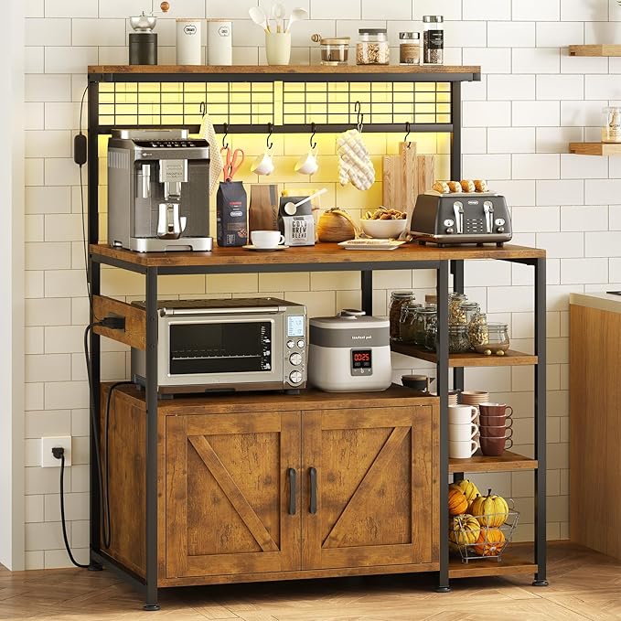 TVU Bakers Rack with Power Outlet and LED Light, Microwave Stand with Storage Cabinet, Coffee Bar Cabinet Station with 6 Hooks for Kitchen, Dining Room, Living Room, Coffee Bar, Rustic Brown, Black
