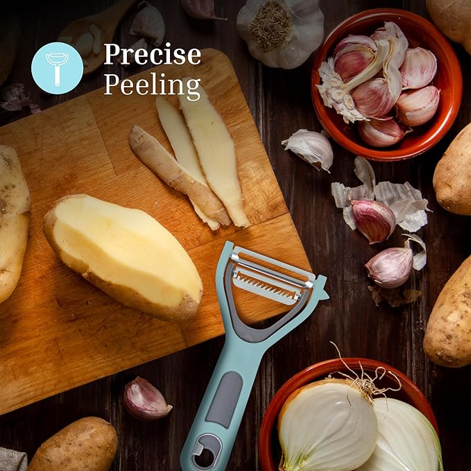 3 in 1 Vegetable Peeler – Julienne Slicer with Bottle Opener and Built-in Eye Remover – Stainless Steel Blade with Comfortable Handle – Potato, Cabbage, and Carrot Peeler for Kitchen – Pastel Blue