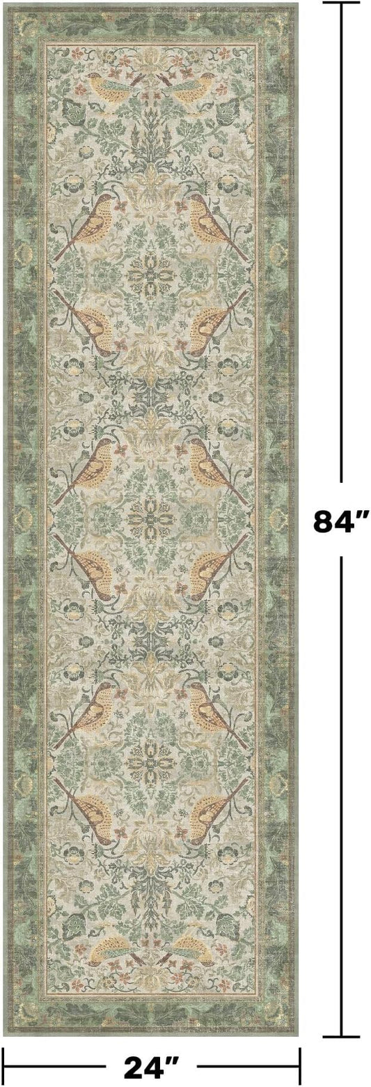Sage Floral Kitchen Runners - 2x7 Long Runner Rug for Hallway Bathroom Bedroom Beside Bed Entryway, Boho Birds Leaves Patterned Non Slip Low Pile Washable Rugs