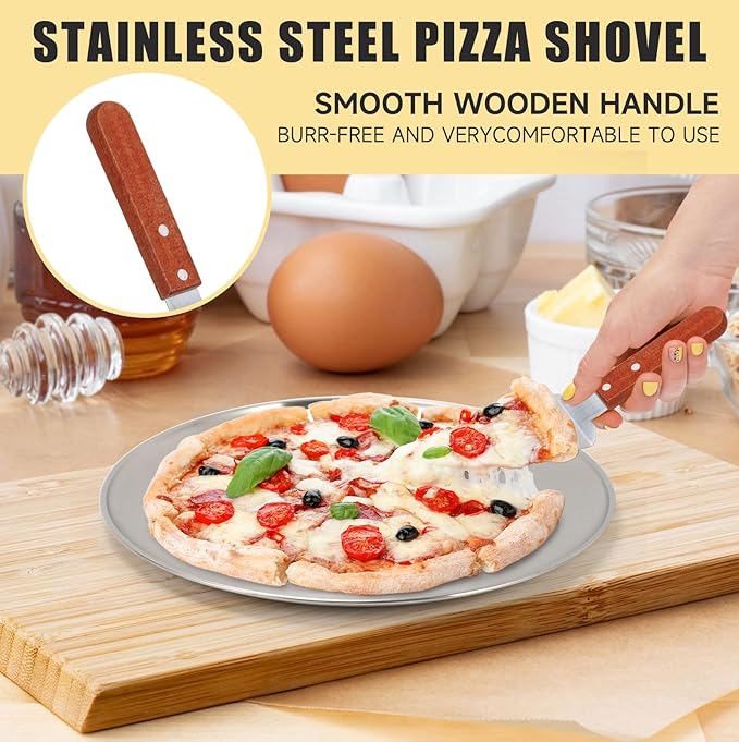 Affbei 12 Pcs Pizza Pan Riser Stands Pizza Spatula Sets Includes 4 Metal Pizza Table Stands 4 Pizza Pan and 4 Wood Handle Pie Server, Pizza Rack Stand Pizza Tray for Oven Pizza Dessert Cheese Baking