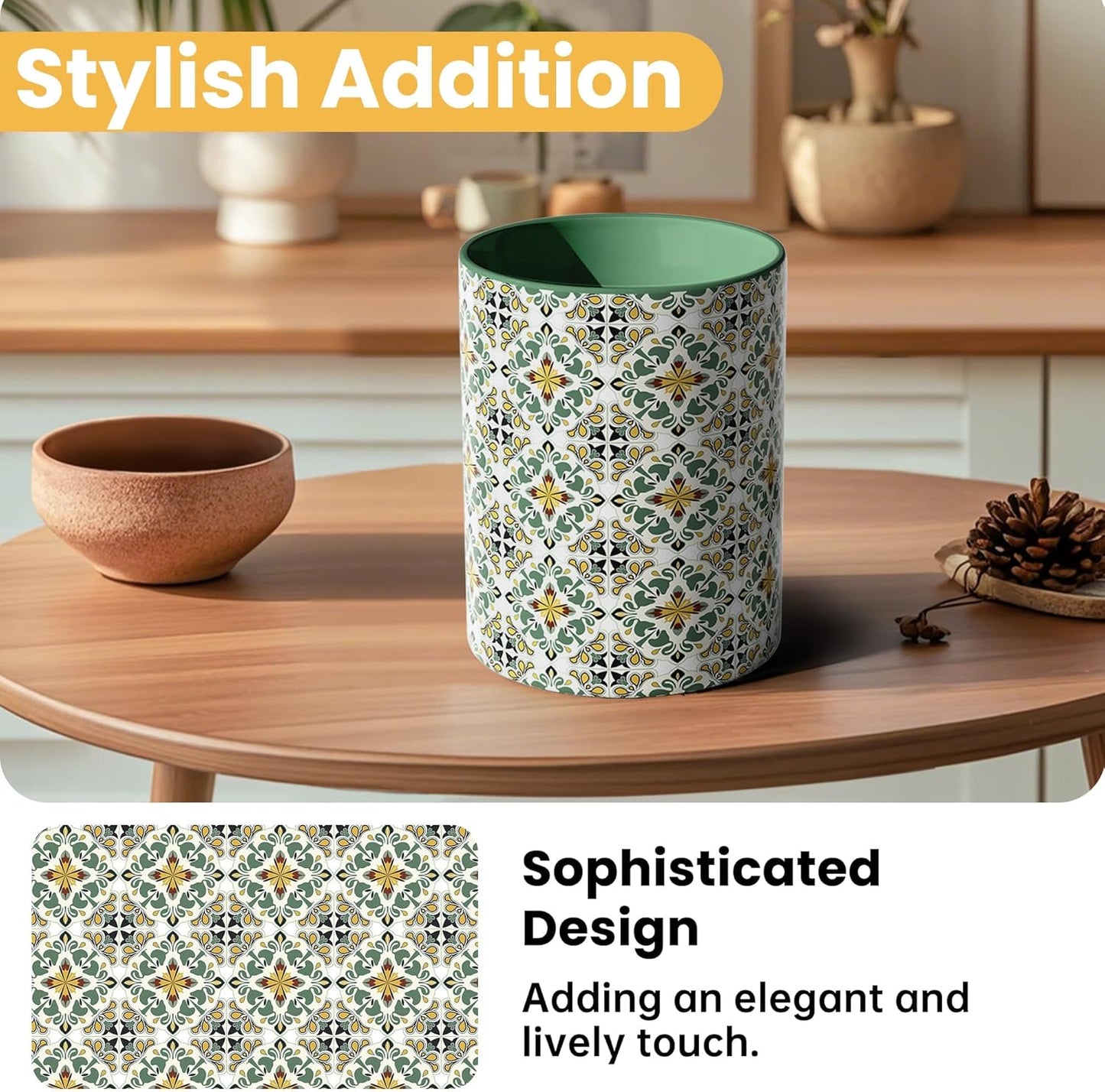 Ceramic Kitchen Utensil Holder for Countertop, Embossed Pattern Crock with Kiln-Fired Finish, Counter Organizer for Cooking Tools , Green