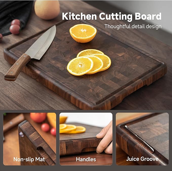 Muso Wood Large End Grain Cutting Borad 16x12 In, Checkered Cutting Board with Feet, Made from Walnut Wood, Chopping Board For Kitchen with Juice Groove Handles
