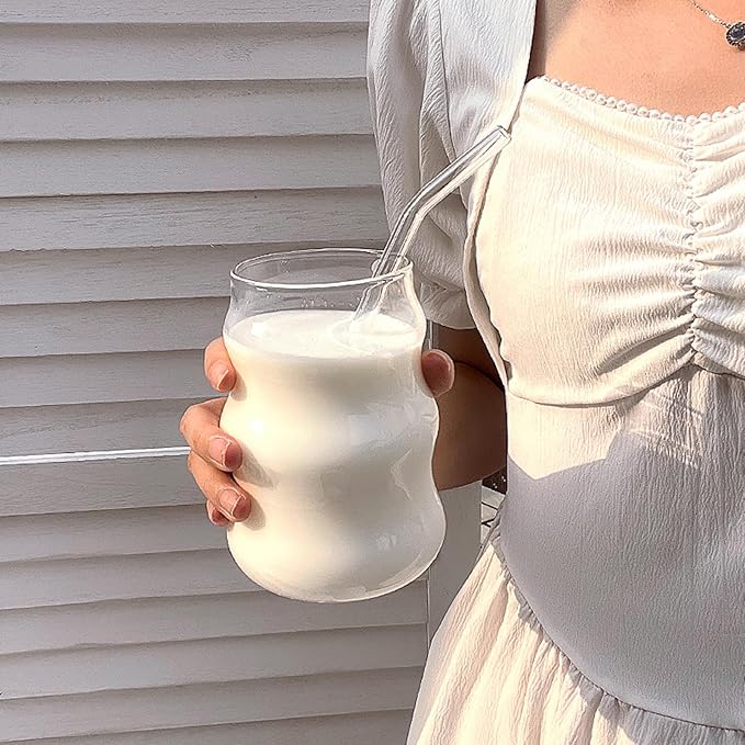 Ribbed Glass Cup 18 Oz Vintage Drinking Glassware Creative Ripple Glasses for Iced Coffee Juice Beverage Milk Cups Cute Wavy Glass Cups