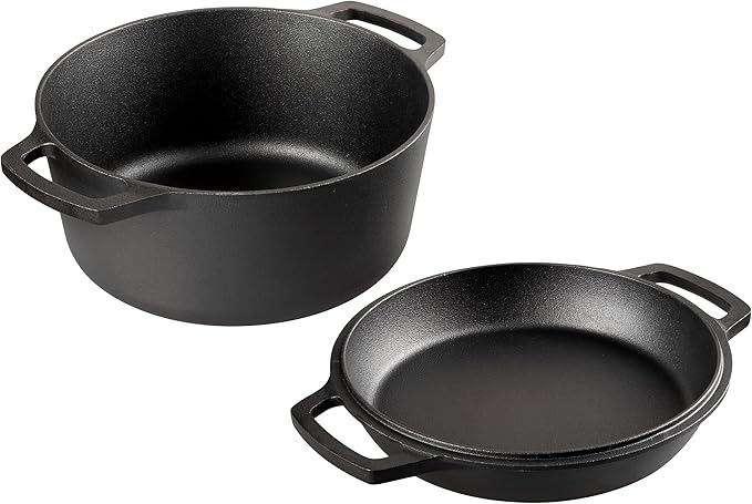 VORRINGARD Pre-seasoned Cast Iron Double Dutch Oven Pot with Skillet Lid, Dual-handle, for Bread Baking, Outdoor, Campfire Cooking, include Sourdough Bread Baking Supplies like Banneton Bread Proofing Basket, 5 Quart