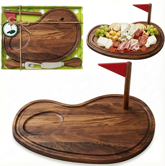 Ziliny Golf Cheese Board Gift Set Golf Party Favor Prizes Charcuterie Wood Board with Knives and Box Father Day Gift for Dad Grandpa Party Tournament Game(Walnut,15 x 8.3 x 0.47 ")