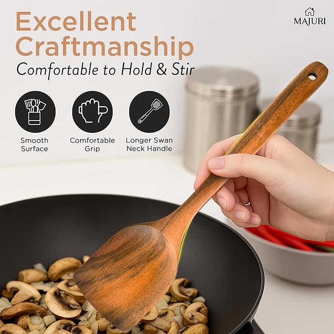 10-Piece Wooden Utensil Set with Holder, Spoon Rest & Hooks – Durable Non Toxic Cooking Utensils - Wooden Spoons for Cooking, Ideal Kitchen Utensil Set for Cooking Enthusiasts & House Warming