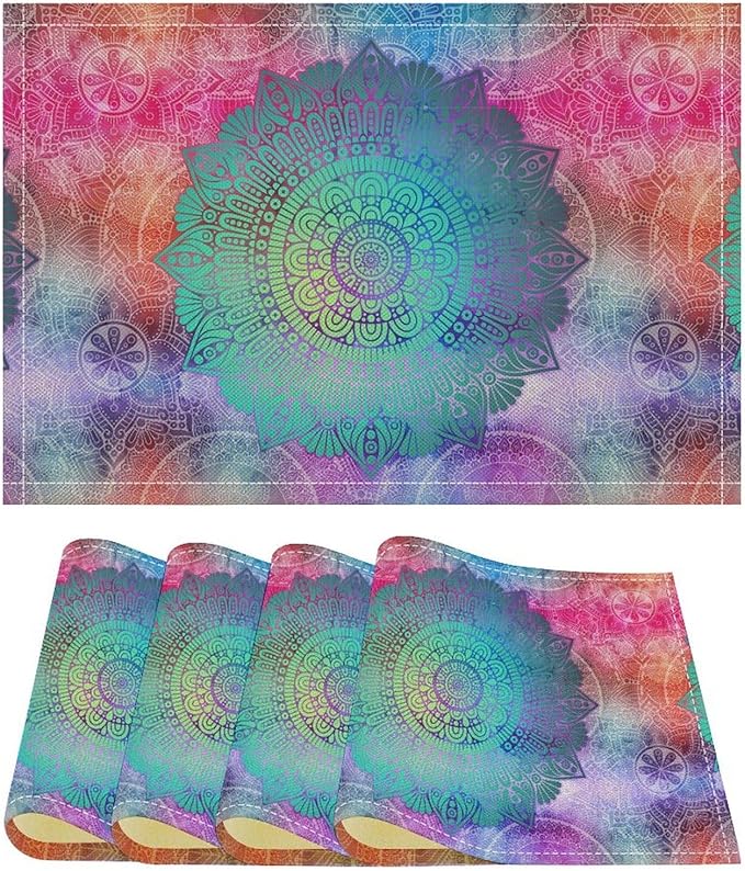 Boho Mandala Placemats Set of 4 Abstract Bohemia Floral Art Printed Dining Table Mats for Restaurant Home Kitchen Holiday Picnic Party Decor 12x18in